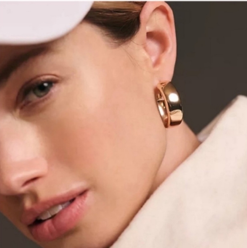 NEW! Anthropologie Classic Chunky Wide Thick Gold Plated Hoop Earrings